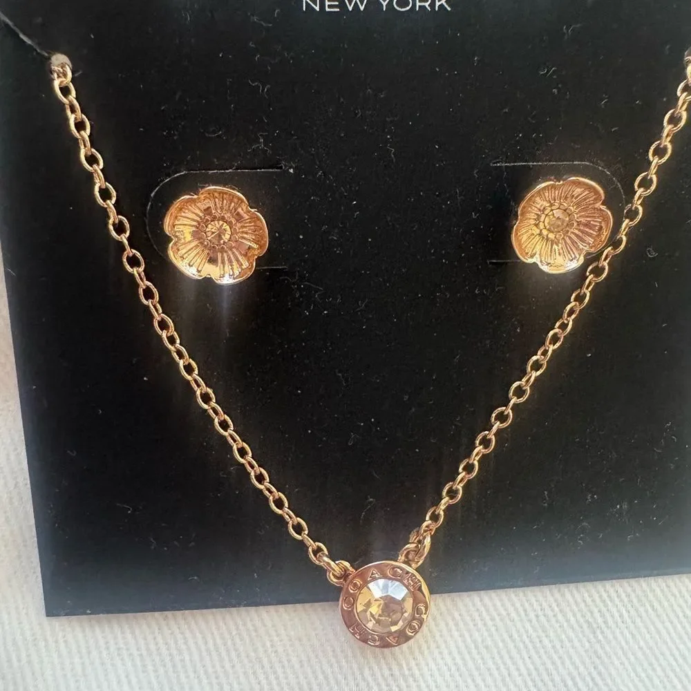 Coach Rose Gold Necklace and Tea Rose Earring Set